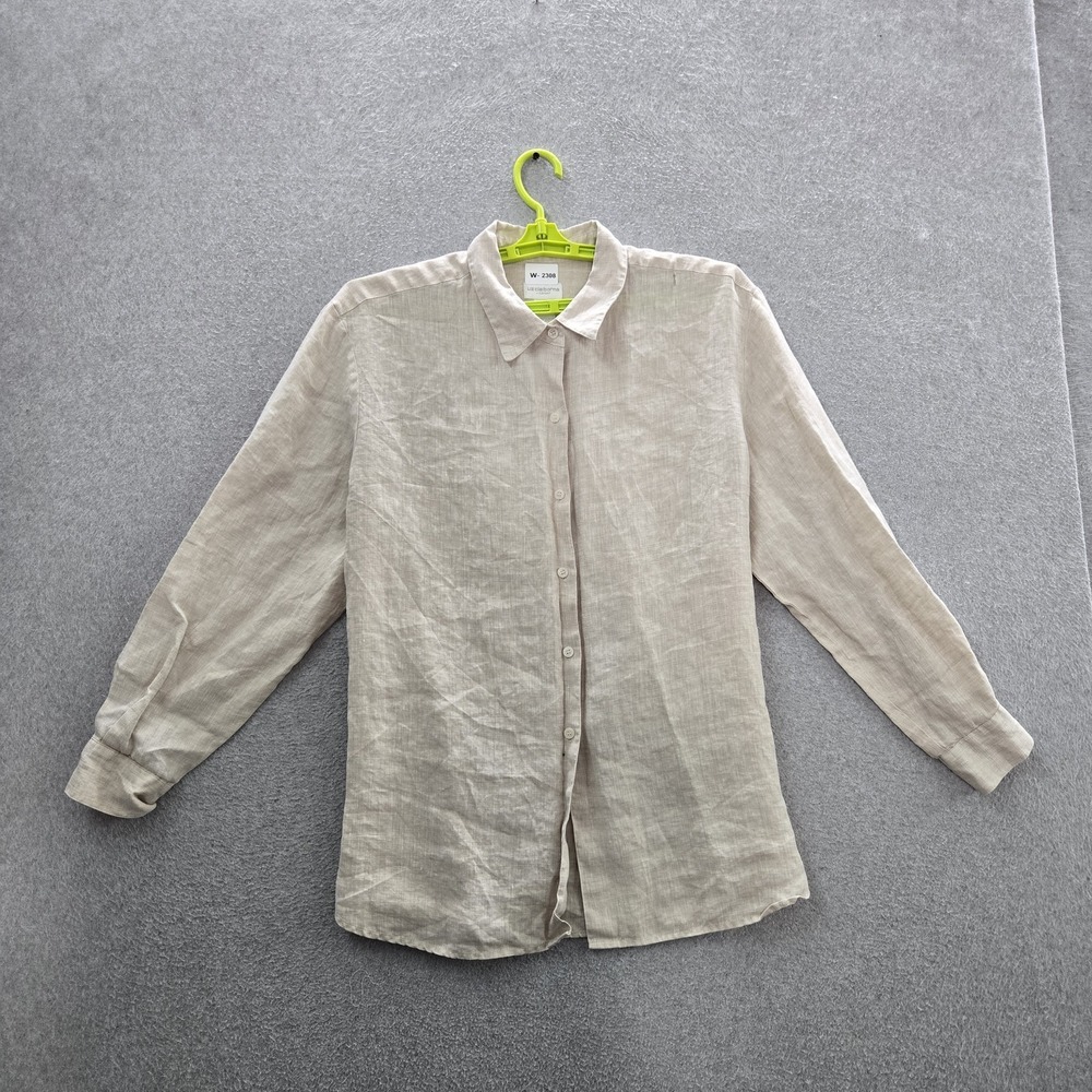 Liz Claiborne Women Button Up Shirt XL Beige Linen Collared Front READ